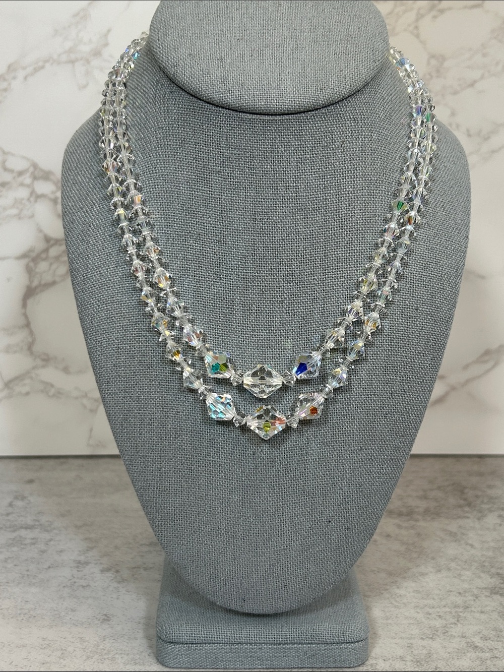 Vintage Austria Crystal Aurora Faceted Double-Strand Necklace - Clear